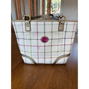 Coach Poppy Tartan Plaid Tote Bag White Multicolor Metallic Gold F20028
